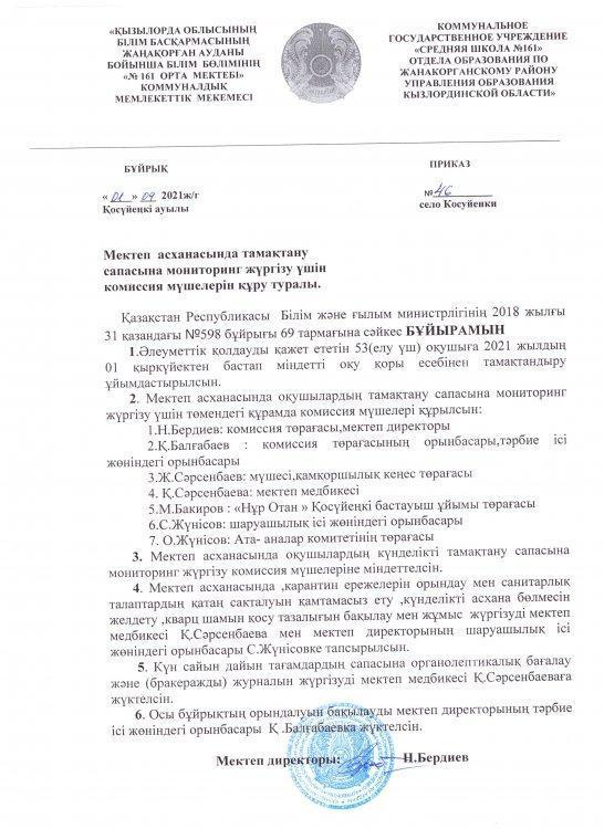 Тамақтандыру сапасына бақылау жасауға комиссия мүшелерін бекіту 2022